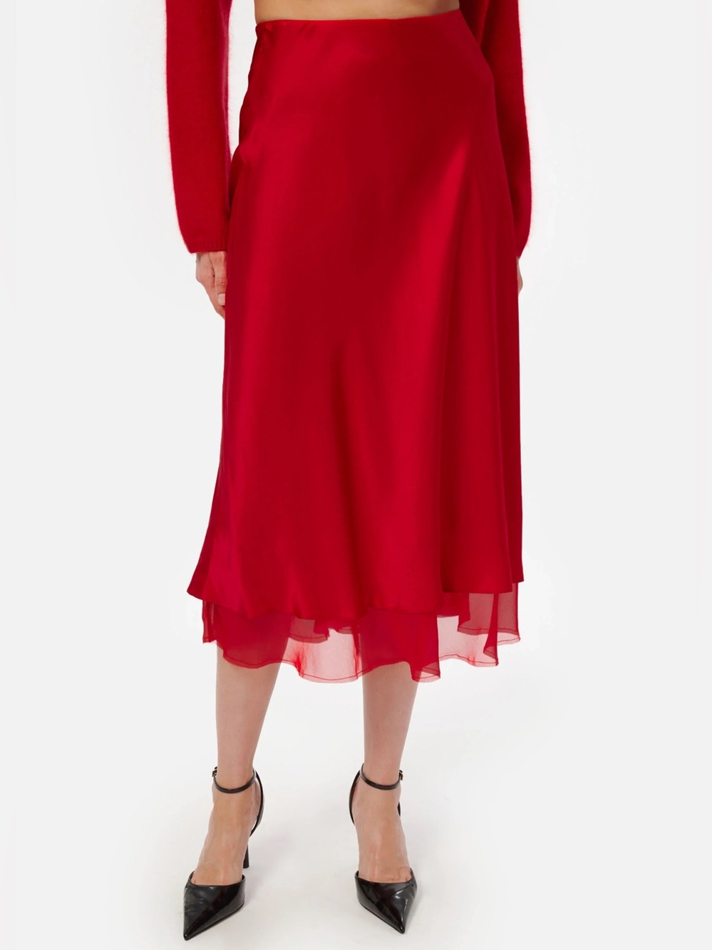 Cami NYC Cardinal Red Genoa Silk Midi Skirt with Layered Hem